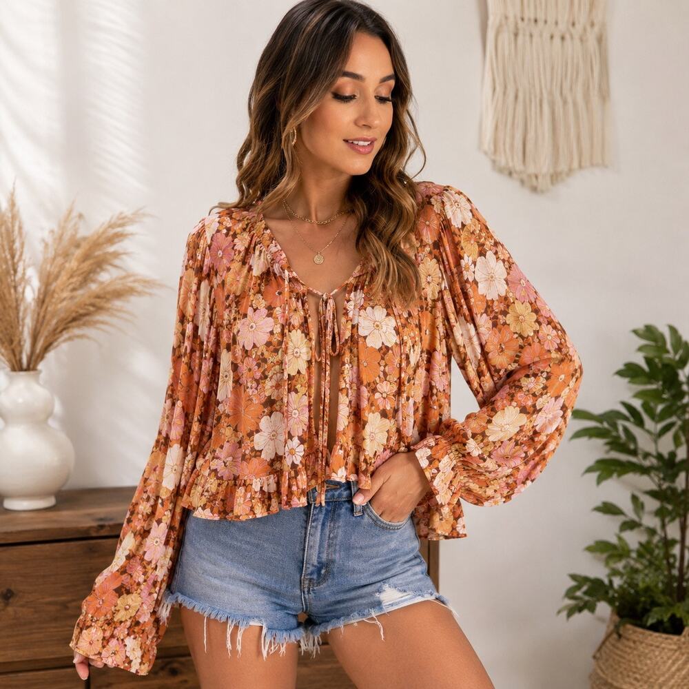SHEIN Orange Floral Boho Peasant Blouse Tie Front Top Sz XS